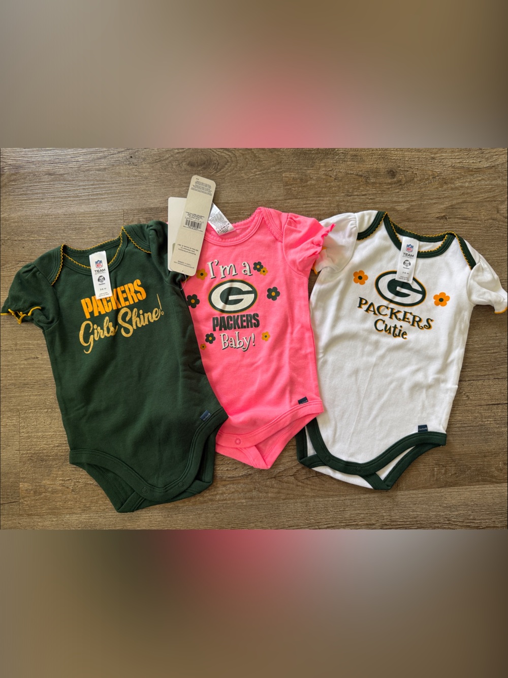 NFL Green Pink White Packers Baby Girl Onesies (3-Pack)
